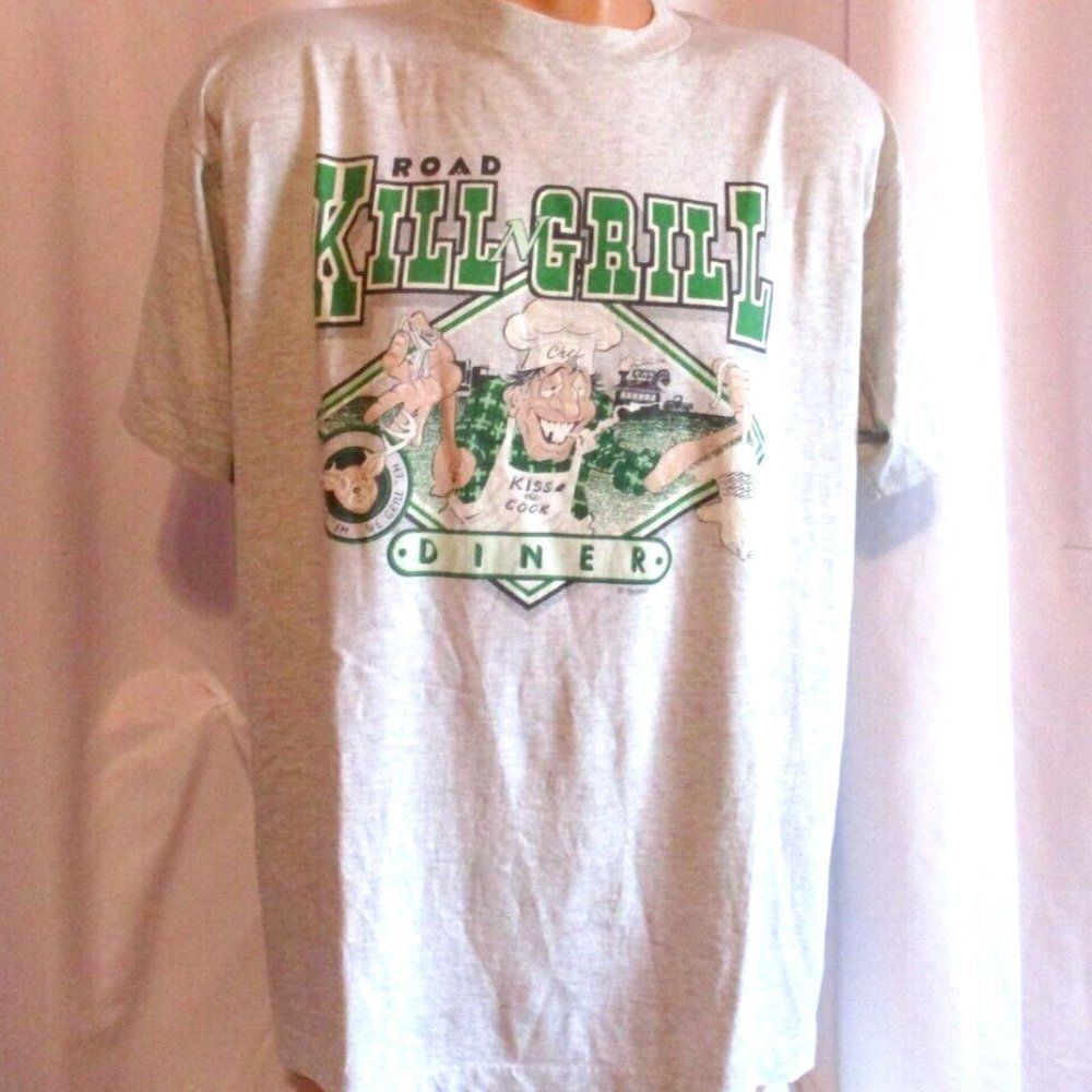 “Road Kill N Grill Diner” T Shirt Mens XL Vintage Single Stritch Gray